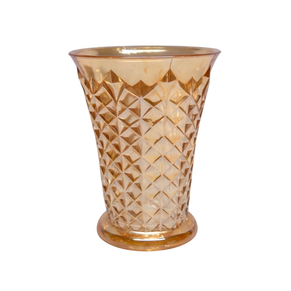 Vintage JEANNETTE Glass Marigold Carnival Waffle Diamond Cut Iridescent 7" Vase